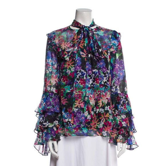 Prabal Gurung Floral Print Ruffle Silk Blouse - Picture 1 of 4